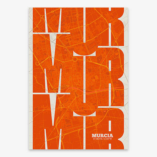 Poster of Murcia composed with letters from its abbreviation or its airport IATA code printed on orange and an off-white background