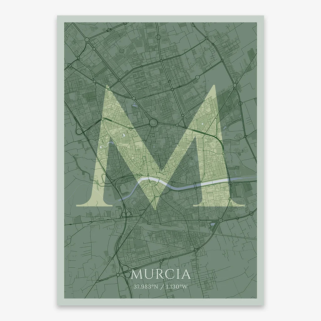 Decorative map of Murcia composed with letters in serif font printed on two green tones