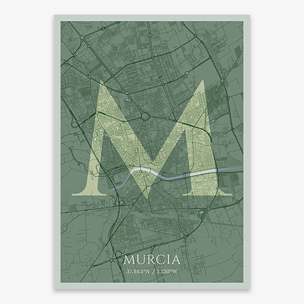 Decorative map of Murcia composed with letters in serif font printed on two green tones