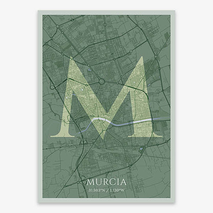 Decorative map of Murcia composed with letters in serif font printed on two green tones