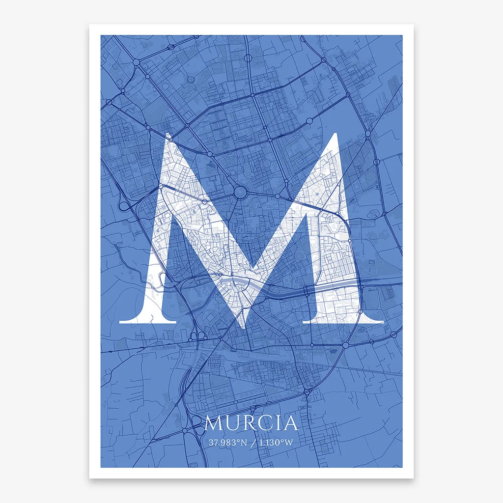Decorative map of Murcia composed with letters in serif font printed on navy blue and white
