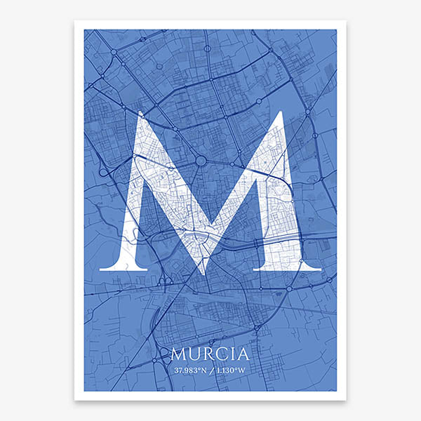Decorative map of Murcia composed with letters in serif font printed on navy blue and white