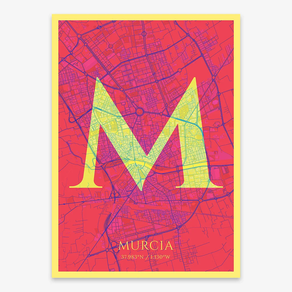 Decorative map of Murcia composed with letters in serif font printed on yellow and fuchsia