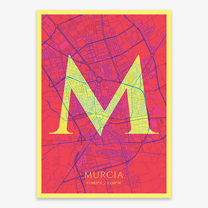 Decorative map of Murcia composed with letters in serif font printed on yellow and fuchsia