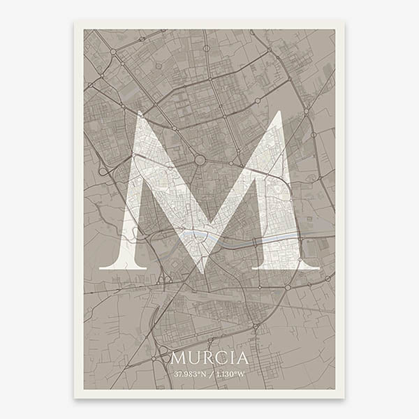 Decorative map of Murcia composed with letters in serif font printed on light brown and an off-white background