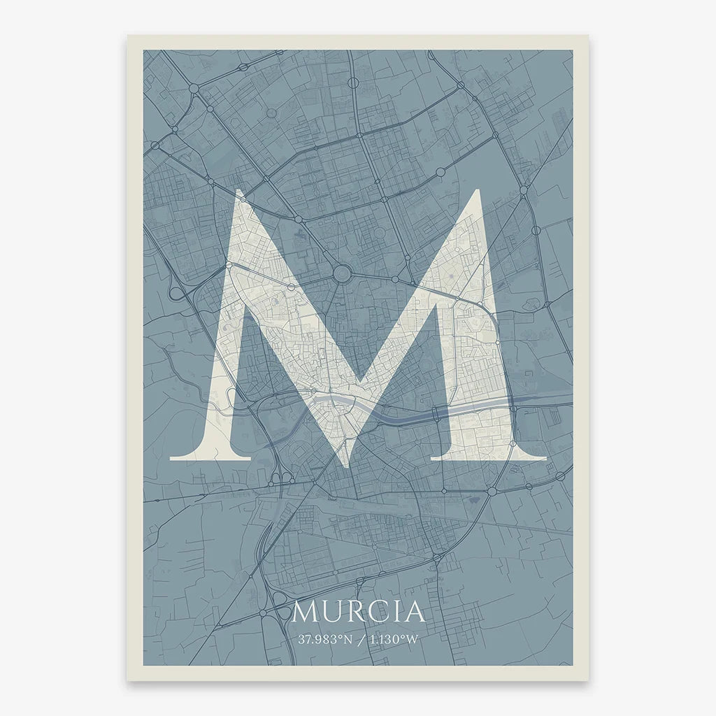 Decorative map of Murcia composed with letters in serif font printed on bluish gray and an off-white background