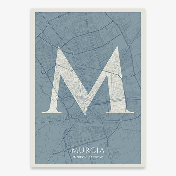 Decorative map of Murcia composed with letters in serif font printed on bluish gray and an off-white background