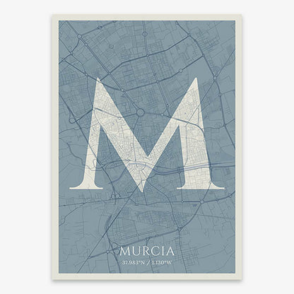 Decorative map of Murcia composed with letters in serif font printed on bluish gray and an off-white background