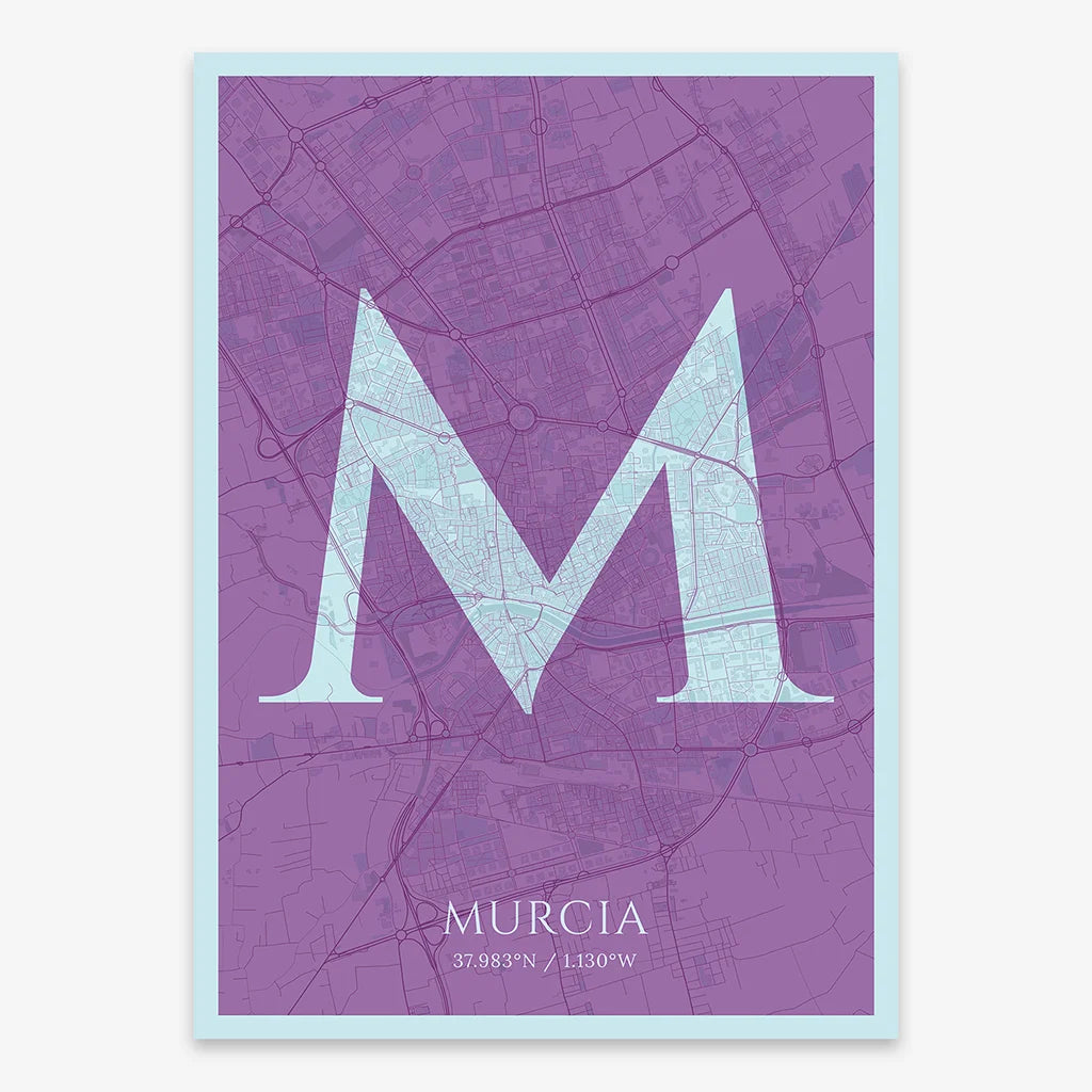 Decorative map of Murcia composed with letters in serif font printed on purple and light blue