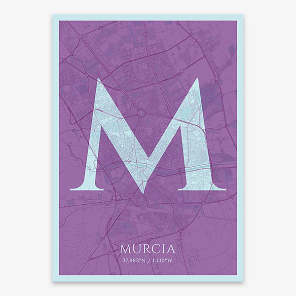 Decorative map of Murcia composed with letters in serif font printed on purple and light blue
