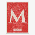 Decorative map of Murcia composed with letters in serif font printed on red and an off-white background