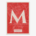 Decorative map of Murcia composed with letters in serif font printed on red and an off-white background