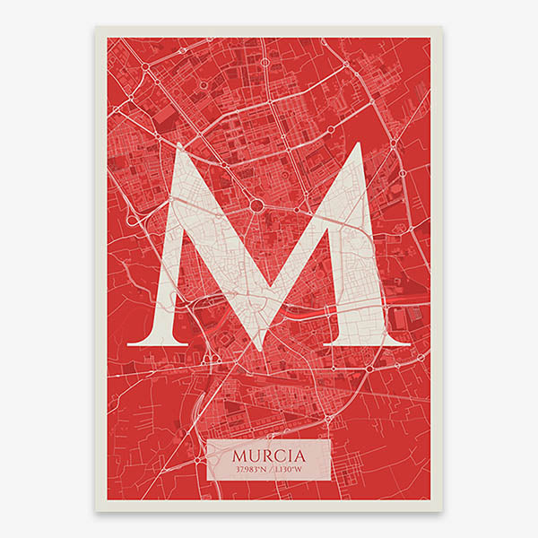 Decorative map of Murcia composed with letters in serif font printed on red and an off-white background
