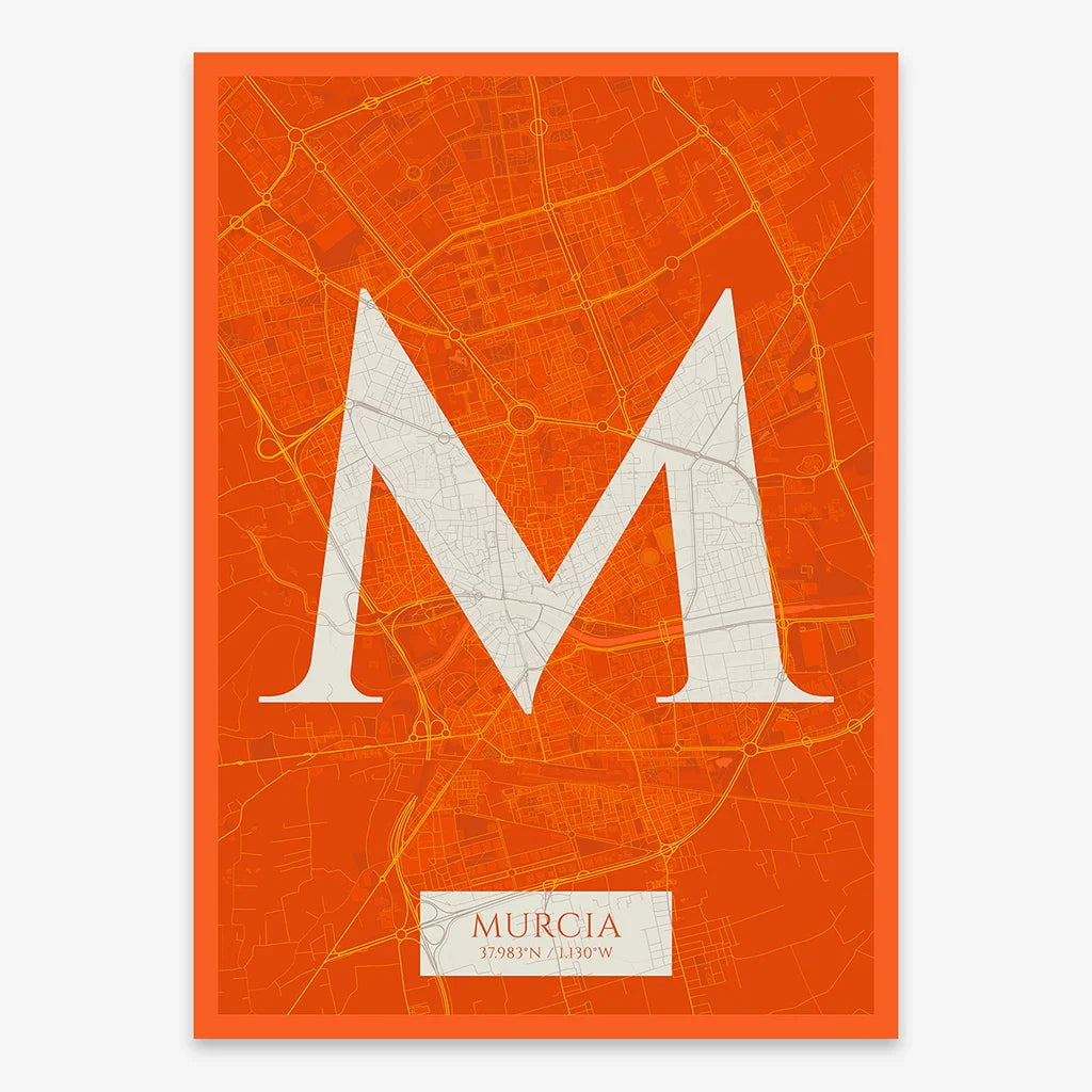 Decorative map of Murcia composed with letters in serif font printed on orange and an off-white background