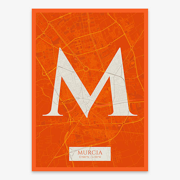 Decorative map of Murcia composed with letters in serif font printed on orange and an off-white background