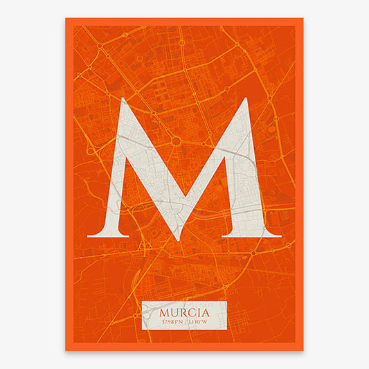 Decorative map of Murcia composed with letters in serif font printed on orange and an off-white background