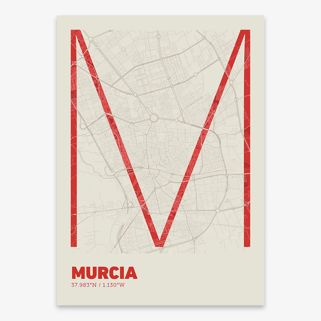 Poster of Murcia composed with letters in extra light font printed on red and an off-white background