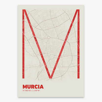 Poster of Murcia composed with letters in extra light font printed on red and an off-white background