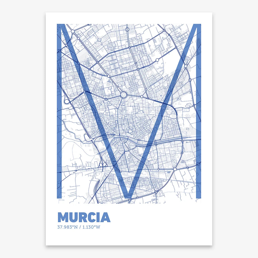 Poster of Murcia composed with letters in extra light font printed on navy blue and white