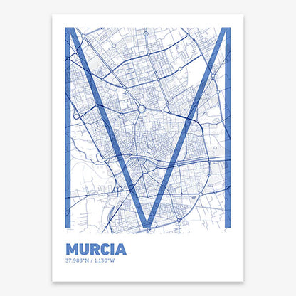 Poster of Murcia composed with letters in extra light font printed on navy blue and white