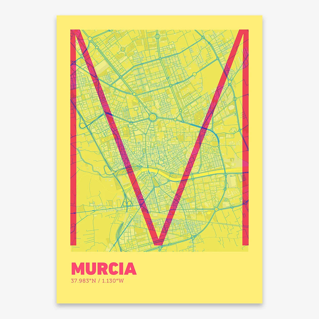 Poster of Murcia composed with letters in extra light font printed on yellow and fuchsia