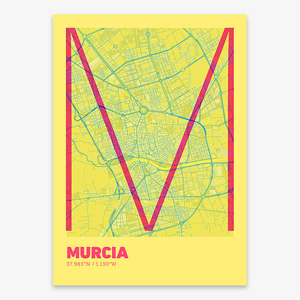 Poster of Murcia composed with letters in extra light font printed on yellow and fuchsia