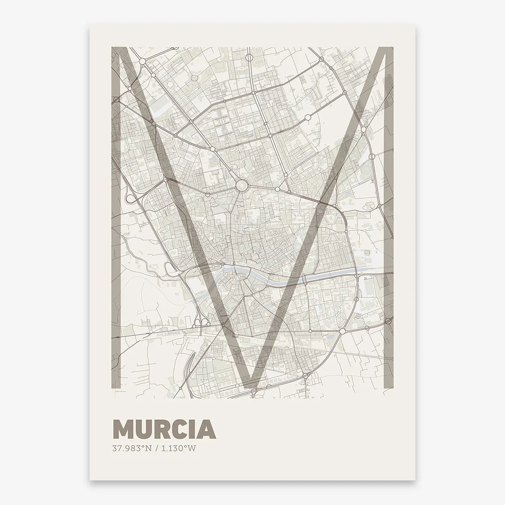 Poster of Murcia composed with letters in extra light font printed on light brown and an off-white background