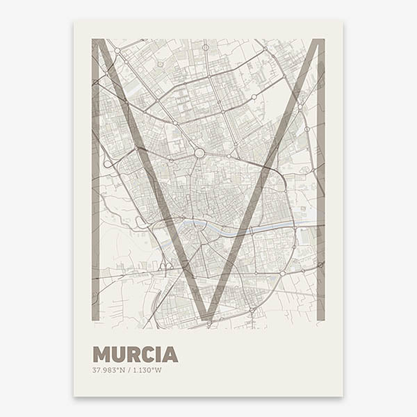 Poster of Murcia composed with letters in extra light font printed on light brown and an off-white background