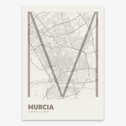 Poster of Murcia composed with letters in extra light font printed on light brown and an off-white background