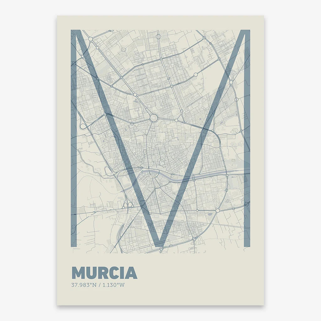 Poster of Murcia composed with letters in extra light font printed on bluish gray and an off-white background