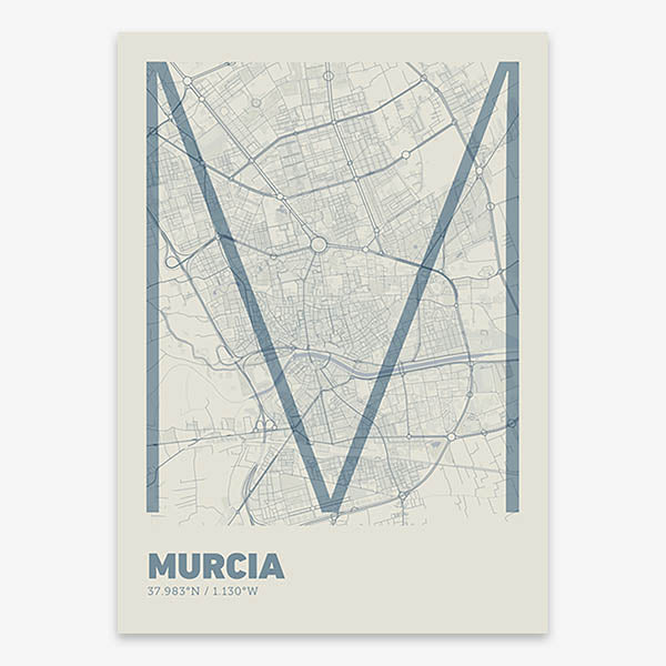 Poster of Murcia composed with letters in extra light font printed on bluish gray and an off-white background