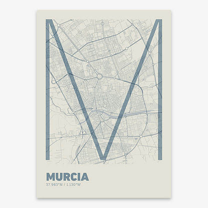 Poster of Murcia composed with letters in extra light font printed on bluish gray and an off-white background