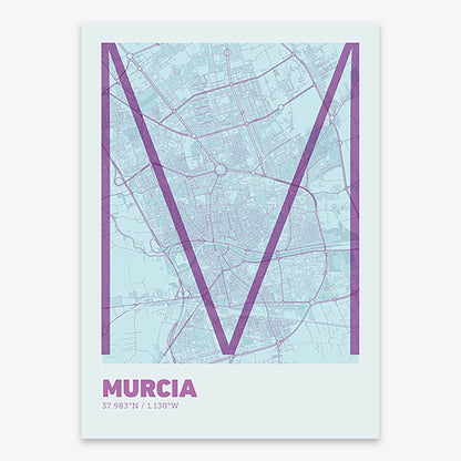 Poster of Murcia composed with letters in extra light font printed on purple and light blue