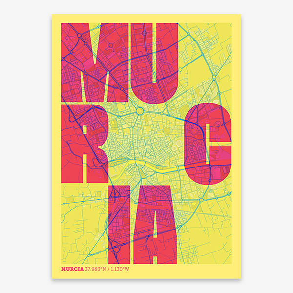 Decorative print of Murcia with letters of its name placed randomly, designed in yellow and fuchsia