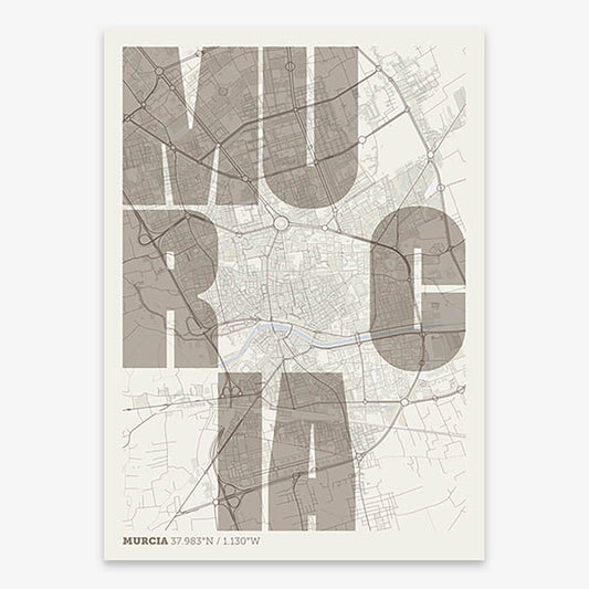 Decorative print of Murcia with letters of its name placed randomly, designed in light brown and an off-white background