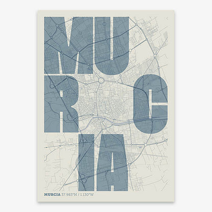 Decorative print of Murcia with letters of its name placed randomly, designed in bluish gray and an off-white background