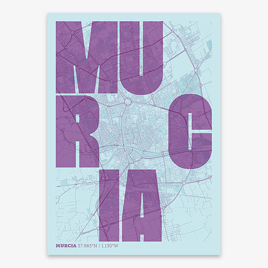 Decorative print of Murcia with letters of its name placed randomly, designed in purple and light blue