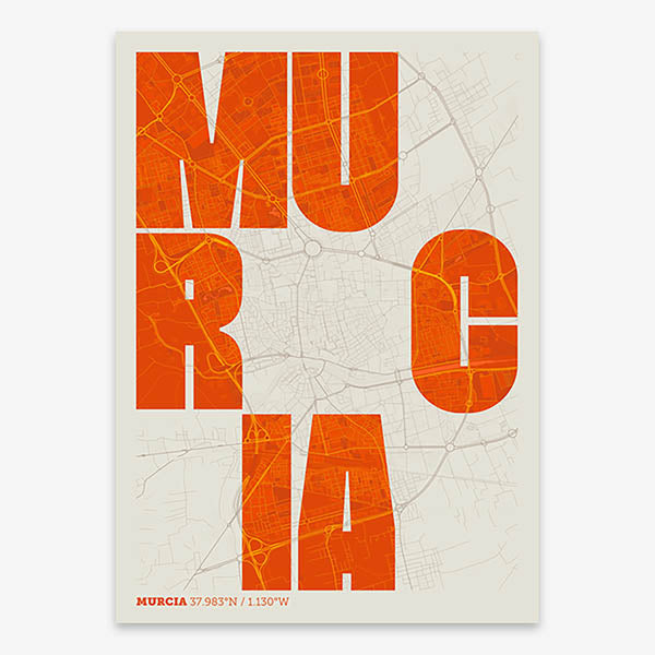 Decorative print of Murcia with letters of its name placed randomly, designed in orange and an off-white background