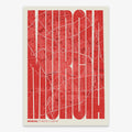 Decorative map of Murcia and letters of its name in a giclée print designed in red and an off-white background