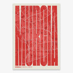 Decorative map of Murcia and letters of its name in a giclée print designed in red and an off-white background