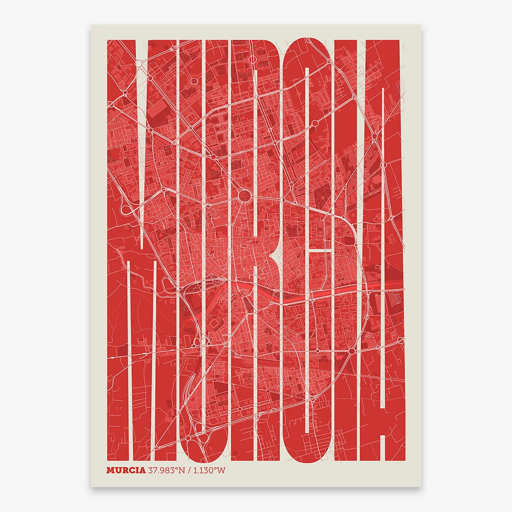 Decorative map of Murcia and letters of its name in a giclée print designed in red and an off-white background
