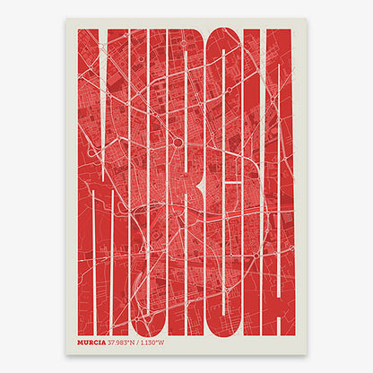 Decorative map of Murcia and letters of its name in a giclée print designed in red and an off-white background