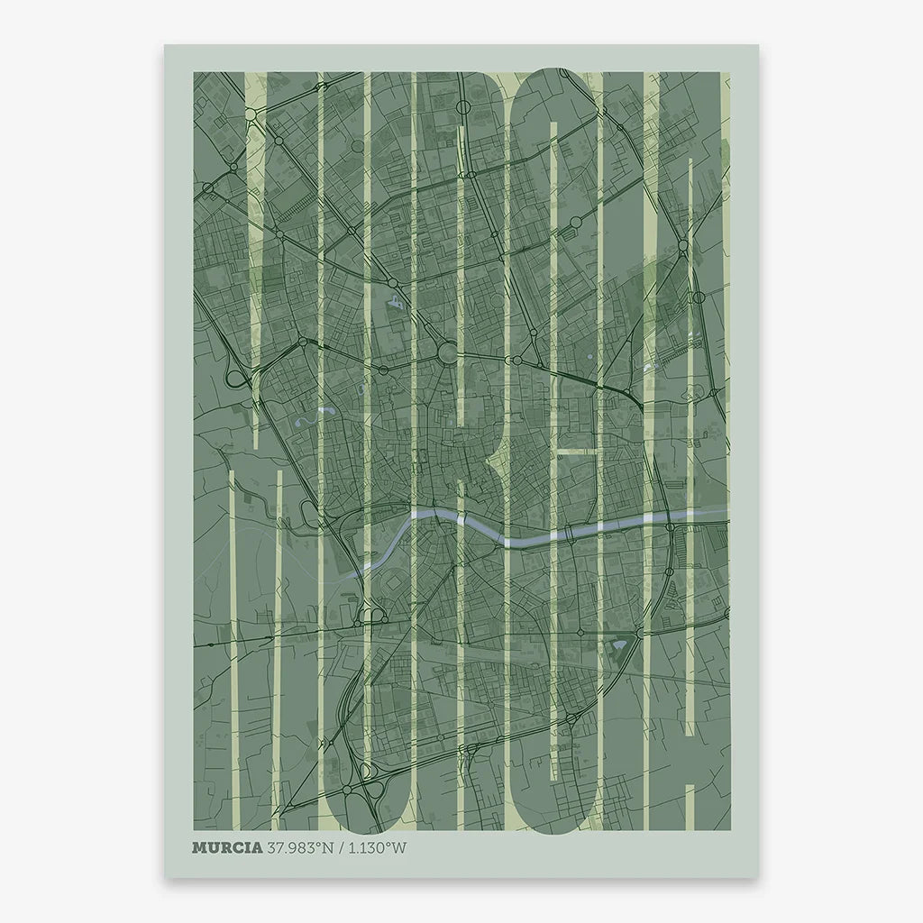 Decorative map of Murcia and letters of its name in a giclée print designed in two green tones