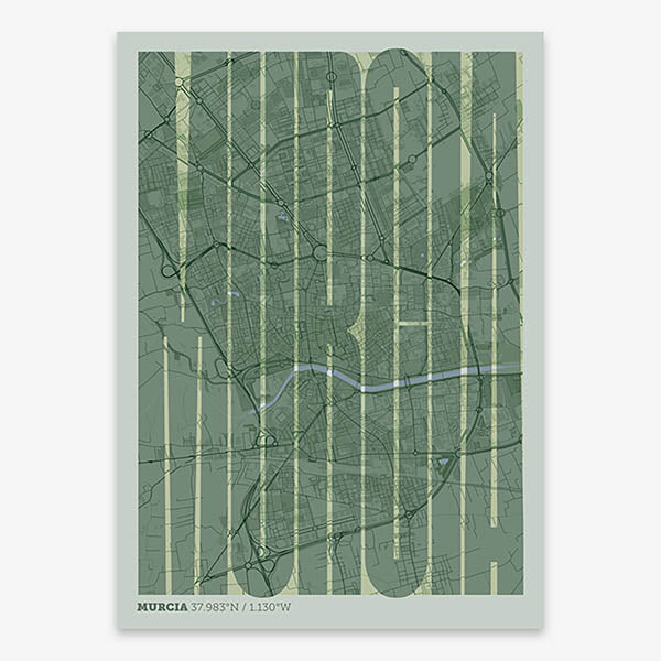 Decorative map of Murcia and letters of its name in a giclée print designed in two green tones
