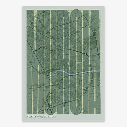 Decorative map of Murcia and letters of its name in a giclée print designed in two green tones