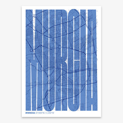 Decorative map of Murcia and letters of its name in a giclée print designed in navy blue and white