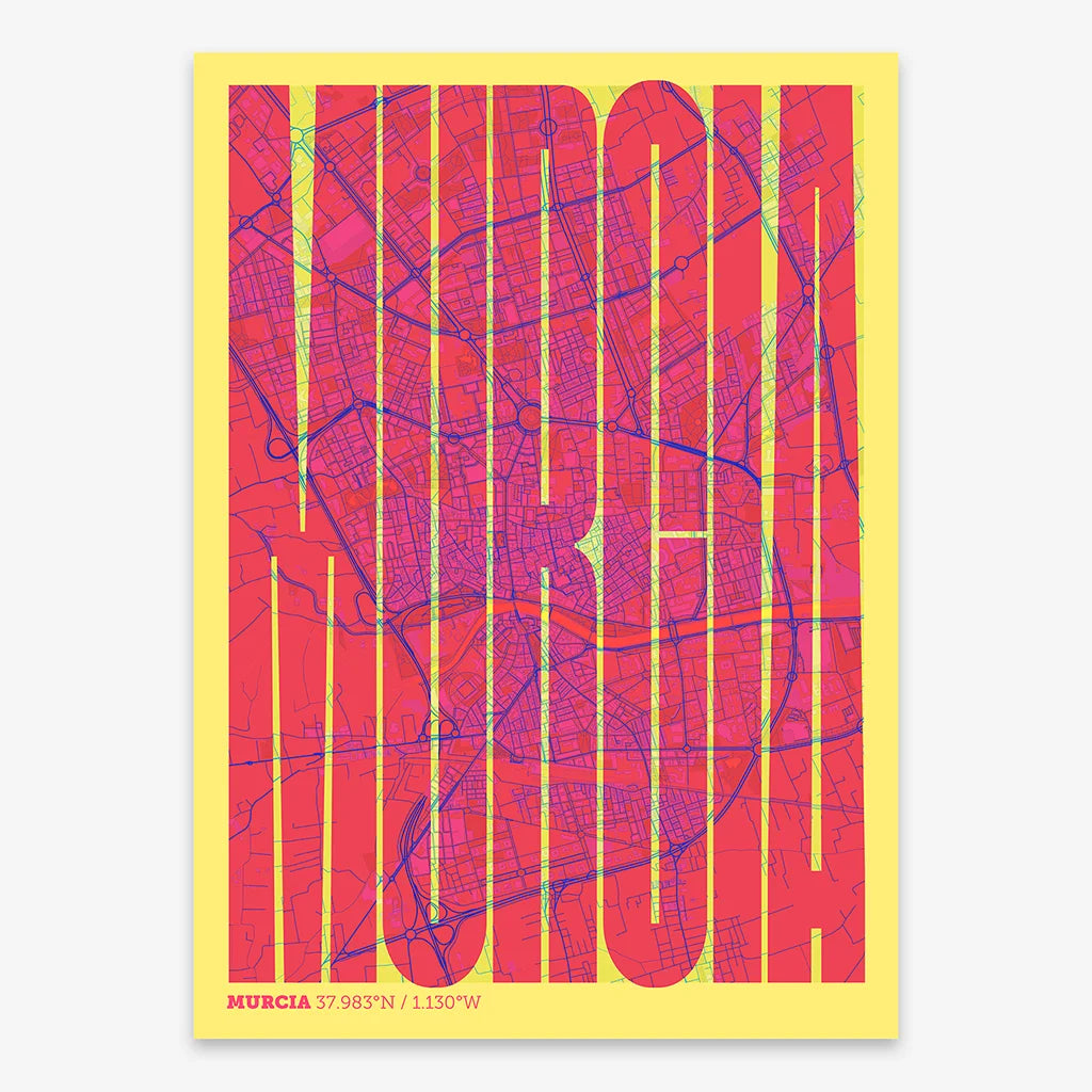 Decorative map of Murcia and letters of its name in a giclée print designed in yellow and fuchsia