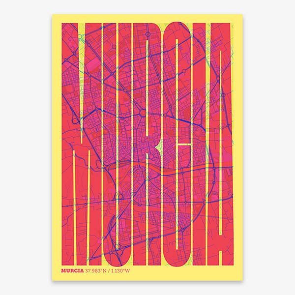 Decorative map of Murcia and letters of its name in a giclée print designed in yellow and fuchsia