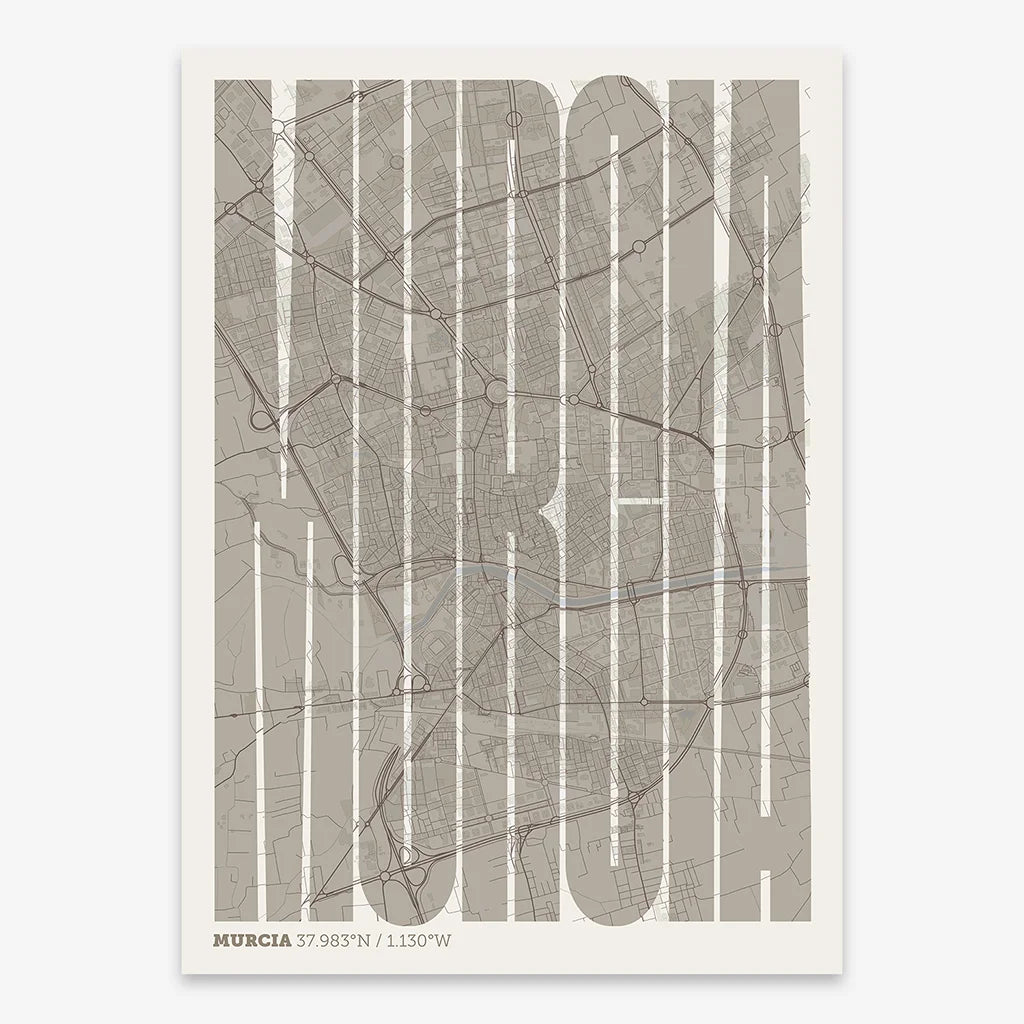Decorative map of Murcia and letters of its name in a giclée print designed in light brown and an off-white background
