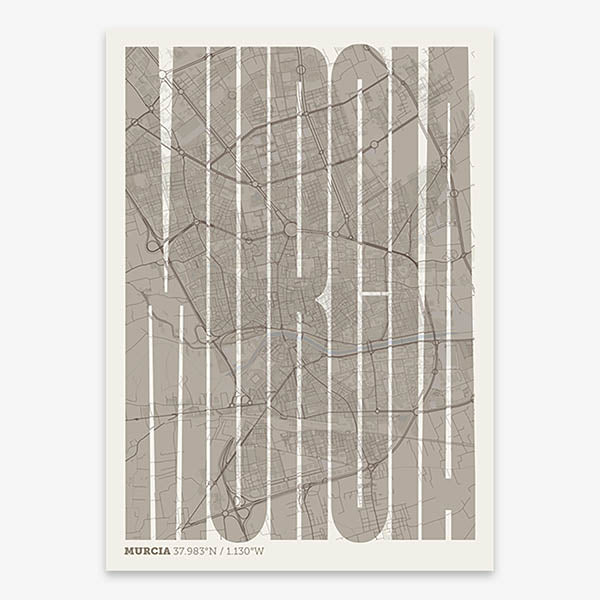 Decorative map of Murcia and letters of its name in a giclée print designed in light brown and an off-white background